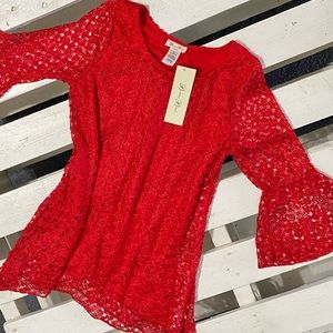 NWT BRITTANY BLACK Flounce Bell sleeved Red Laced Holiday Tunic Top Size Small